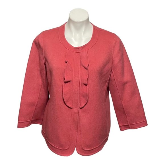 Talbots Petite 14 Petite Salmon Pink Front Snap Closure Ruffle Detail Bl… - Picture 2 of 6